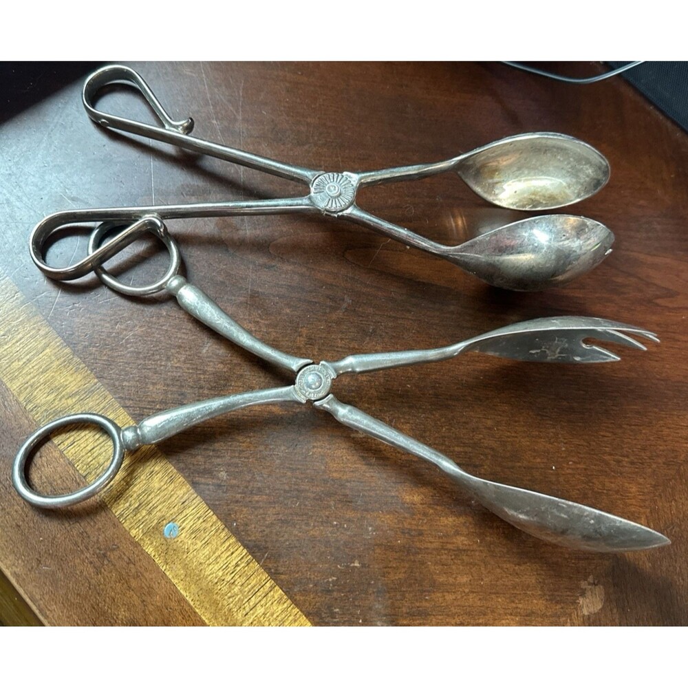 Vintage Set of 2 Silver Plated Salad Tongs One Oval and One Rounded Shape